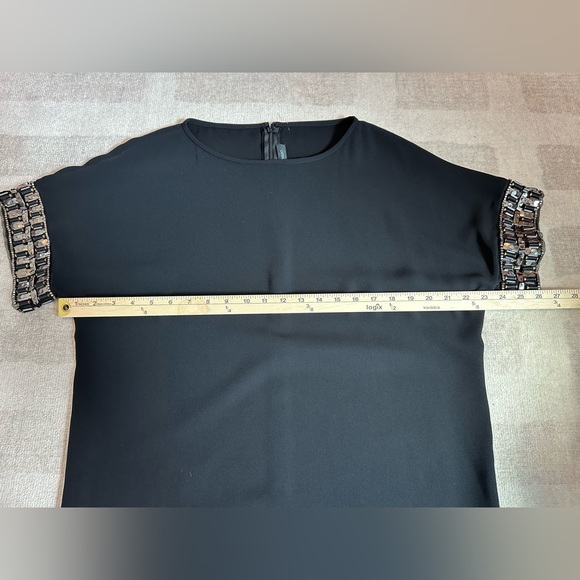 Carmen Marc Valvo Short-Sleeve Beaded Crepe Mini Dress Black (Size 6) - Picture 10 of 11